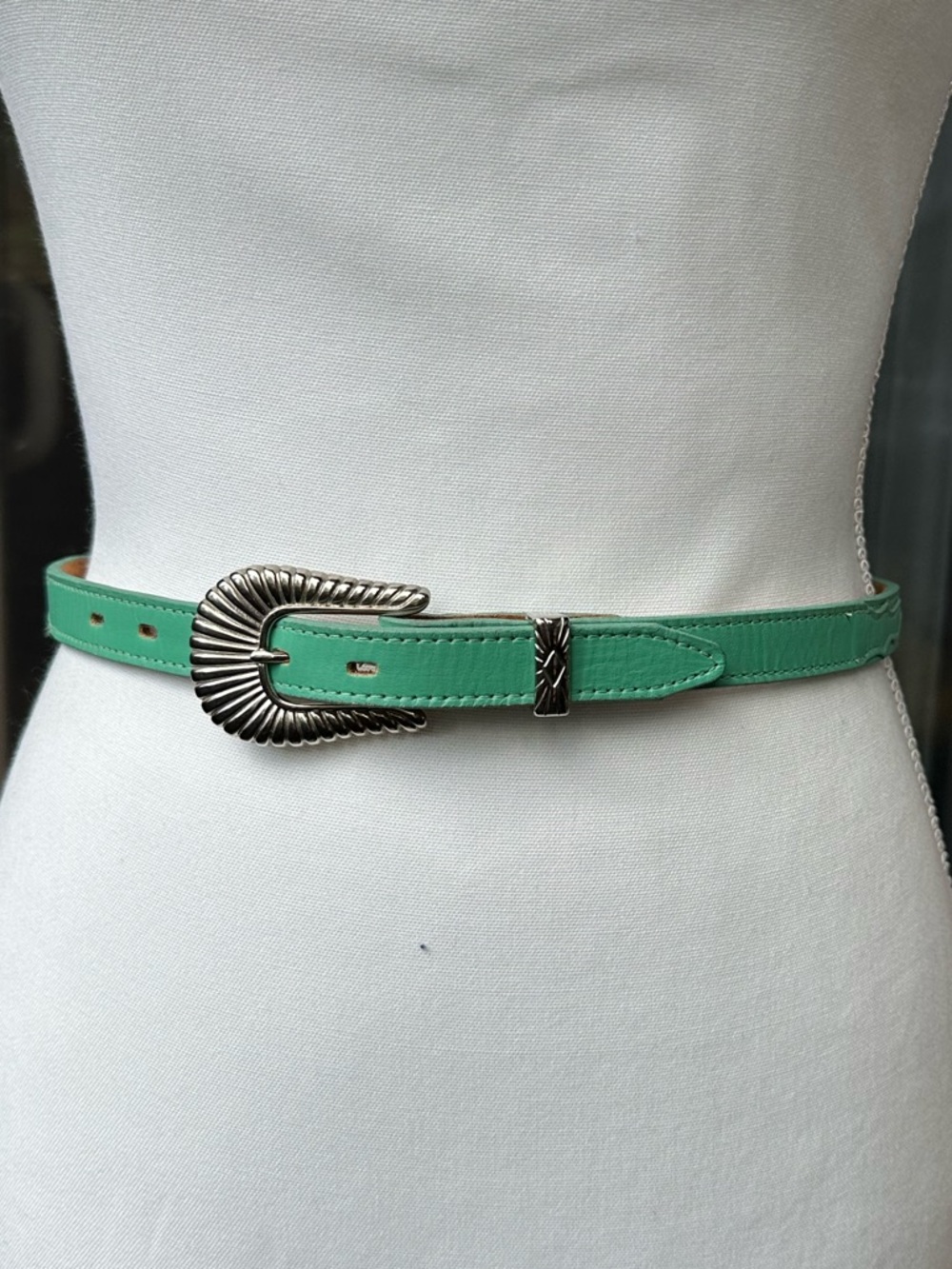 Mint Green Western-Style Leather Belt with Silver Buckle